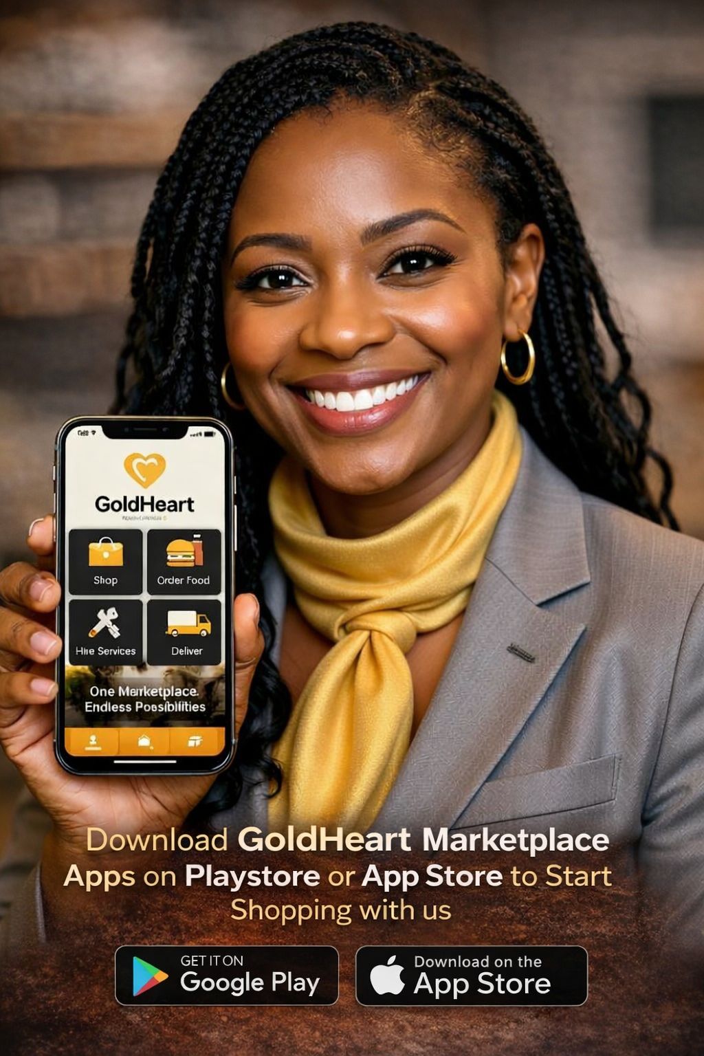 Confident Nigerian businesswoman gesturing toward CTA button
